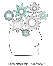 Gears collection vector in hand drawn style. Goal, Planning, idea concept color doodle illustration. Sketch gear infographic elements in head. Rotating mechanism for business process. 