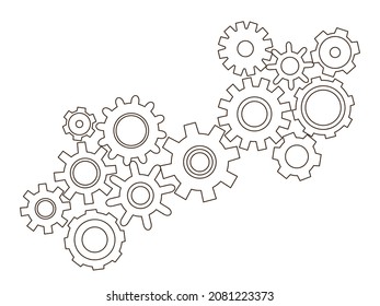 Gears collection vector in hand drawn style. Goal, Planning, idea concept doodle illustration. Sketch gear infographic elements. Rotating mechanism for business process. 
