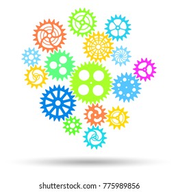 Gears and colorful cog wheels on a white