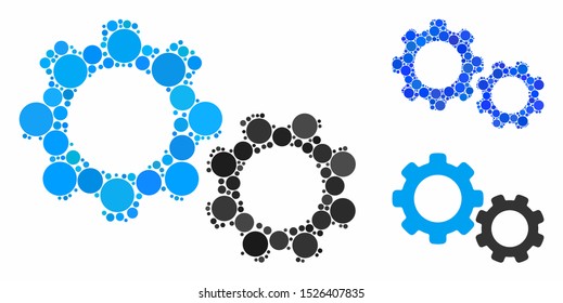 Gears composition for gears icon of filled circles in different sizes and color tones. Vector small circles are combined into blue composition. Dotted gears icon in usual and blue versions.