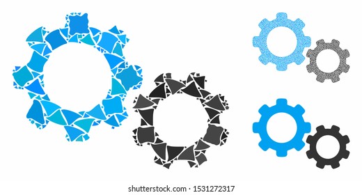 Gears composition of joggly elements in different sizes and color hues, based on gears icon. Vector rough items are composed into collage. Gears icons collage with dotted pattern.