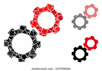 Gears composition of raggy parts in various sizes and color tinges, based on gears icon. Vector tuberous elements are organized into collage. Gears icons collage with dotted pattern.