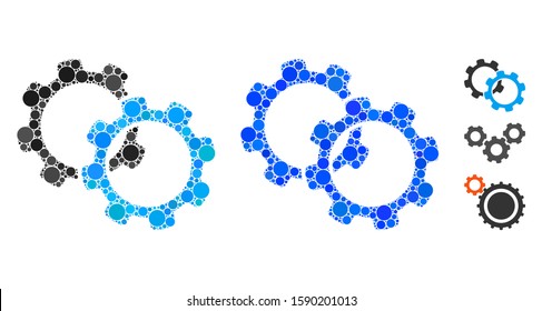 Gears composition of small circles in variable sizes and color tones, based on gears icon. Vector small circles are organized into blue composition. Dotted gears icon in usual and blue versions.