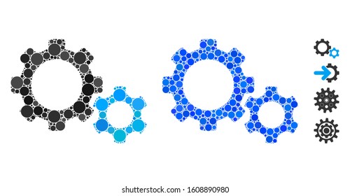 Gears composition of small circles in various sizes and color hues, based on gears icon. Vector random circles are grouped into blue composition. Dotted gears icon in usual and blue versions.