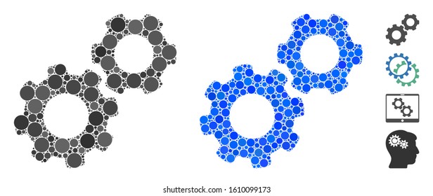 Gears composition of small circles in various sizes and color tints, based on gears icon. Vector small circles are grouped into blue mosaic. Dotted gears icon in usual and blue versions.