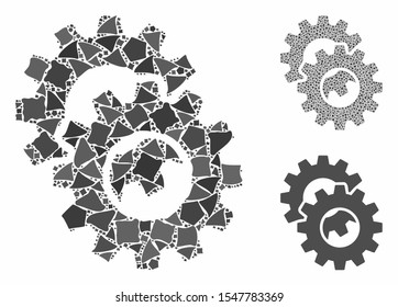 Gears composition of tremulant items in different sizes and shades, based on gears icon. Vector tremulant parts are combined into composition. Gears icons collage with dotted pattern.