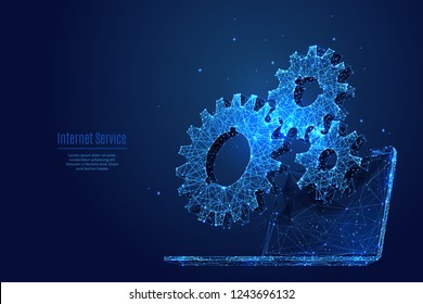 Gears. Computer service concept. Gearing on laptop. Vector low poly wireframe in the form of a starry sky or space, consisting of points, lines, and shapes in the form of stars with destruct shapes.