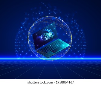 Gears. Computer service concept. Gearing on laptop. Vector low poly wireframe in the form of a starry sky or space, consisting of points, lines, and shapes in the form of stars with destruct shapes.
