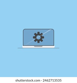 Engranajes. Concepto de servicio informático. Engranaje en el portátil. Vector de alambre de bajo polietileno en forma de un cielo estrellado o espacio, que consta de puntos, líneas y Formas en el diseño plano.