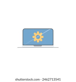 Engranajes. Concepto de servicio informático. Engranaje en el portátil. Vector de alambre de bajo polietileno en forma de un cielo estrellado o espacio, que consta de puntos, líneas y Formas en el diseño plano.
