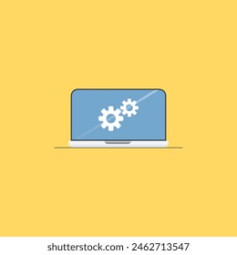 Gears. Computer service concept. Gearing on laptop. Vector low poly wireframe in the form of a starry sky or space, consisting of points, lines, and shapes in the flat design.