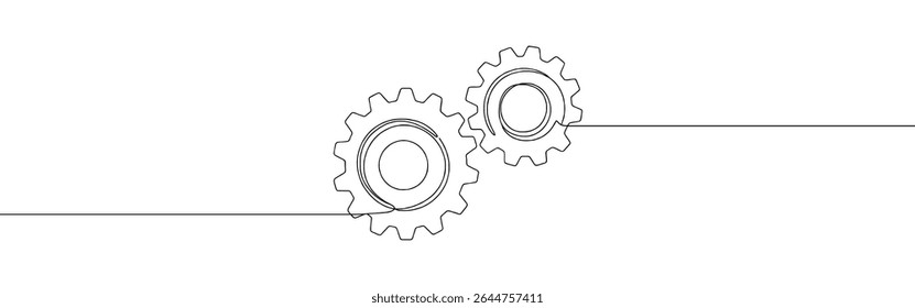 Engrenagens de desenho contínuo de uma linha. Cogwheel, definição, progresso ou conceito de construção. Ilustração vetorial.