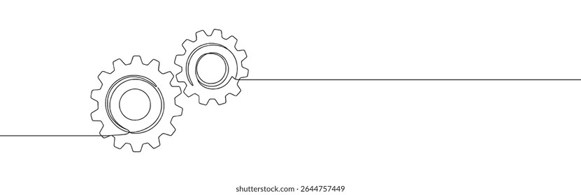 Engrenagens de desenho contínuo de uma linha. Cogwheel, definição, progresso ou conceito de construção. Ilustração vetorial.