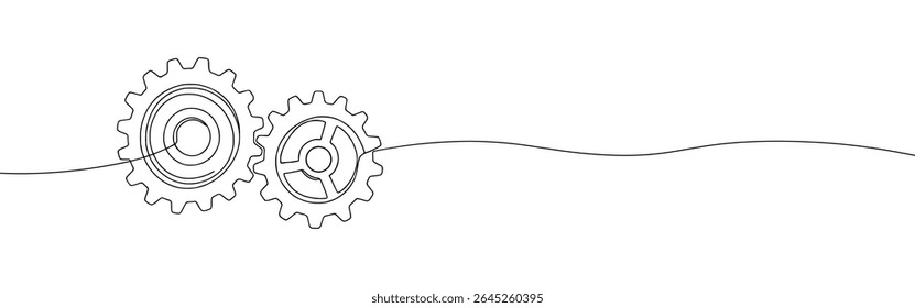 Engrenagens de desenho contínuo de uma linha. Cogwheel, definição, progresso ou conceito de construção. Ilustração vetorial.