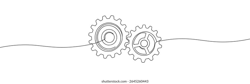 Engrenagens de desenho contínuo de uma linha. Cogwheel, definição, progresso ou conceito de construção. Ilustração vetorial.
