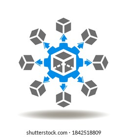 Gears with cubes scheme icon vector. Microservices Architecture Symbol. Software Programming Model Flowchart Sign.