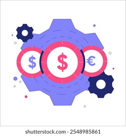 Gears And Currency Symbols In Flat Vector Illustration Symbolizing Financial Automation, Economic Systems, And Business Operations, Isolated On White Background.