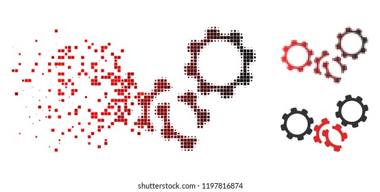 Gears damage icon in sparkle, pixelated halftone and undamaged solid versions. Cells are organized into vector disappearing gears damage form.