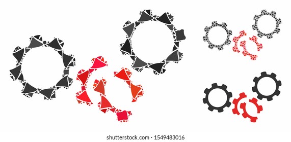 Gears damage mosaic of raggy elements in variable sizes and color tints, based on gears damage icon. Vector rough elements are composed into mosaic. Gears damage icons collage with dotted pattern.