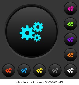 Gears dark push buttons with vivid color icons on dark grey background