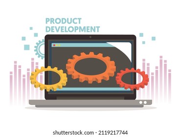 Gears, data and computer working together on white background. Concept of product development. Flat vector illustration.