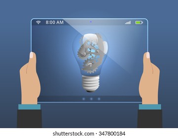 Gears as a design element in a light bulb. Computer tablet future.