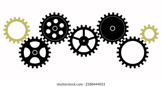 Gears of different shapes and sizes with same size teeth connected in curved broken line. Vector illustration of links of one chain. Concept of connections, brainstorming, searching for new ideas.