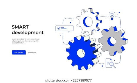 Gears in different sizes blue and grey colors. Business development concept with engine gear wheels. Vector flat illustration