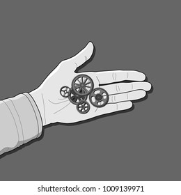 Gears of different sizes lying on the open palm outlined with shadows on the light grey background. Monochrome image. Infographic Design Template. Technology concept. Vector illustration