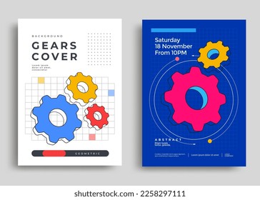 Gears in different sizes and yellow, blue, and red colors. Geometric cover with 3d gear. Vector flat illustration