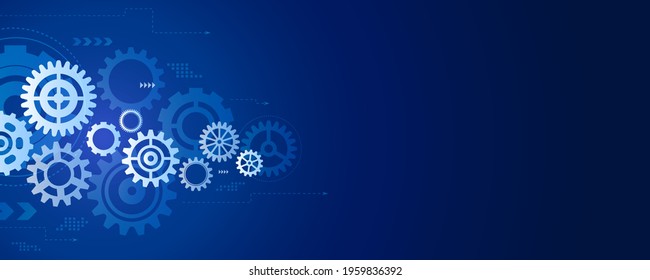 Gears of different type and size on a blue background. Abstract vector illustration.