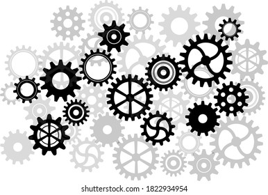 Gears of different types and sizes on a white background.