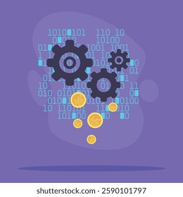 Gears and digital coins interacted in vibrant design, illustrating mechanics behind cryptocurrency. Fusion of technology and finance concept