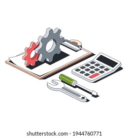 Gears document, tools wrench screwdriver, calculator. Vector 3d line isometric, color web icons, new flat style. Creative design idea for infographics.
