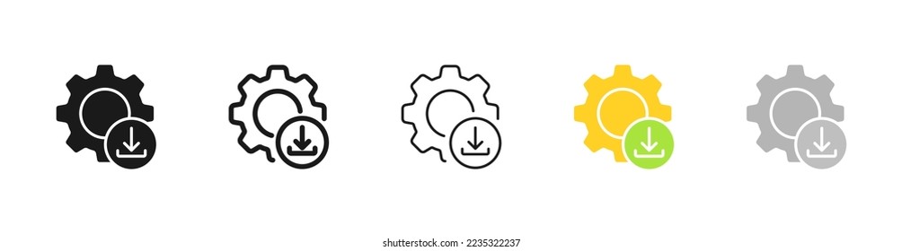 Gears with download sign line icon. Control panel, cube, scroll, book, instruction, website, tune, install, adjust, configuration file. Technology concept. Vector line icon on white background