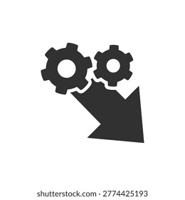 Gears with downward arrow icon. System failure and performance drop. Monochrome black and white symbol