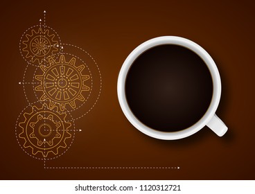 Gears drawing.Cup of coffee ,background .Coffee concept