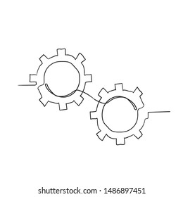 Gears are drawn by a single line on a white background with doodle handdrawn style vector