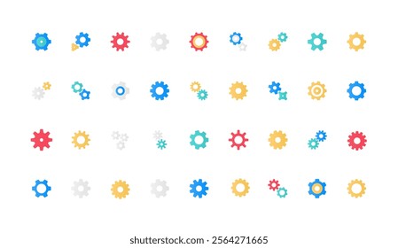 Gears of effective operation process, component and part of machine engine, mechanical equipment color icon set. Different cog wheels, two and three connection flat elements vector illustration