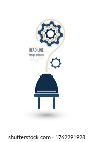 Gears and electric plug. New business idea, creative symbol. Knowledge, decision, sign of innovation. Vector illustration