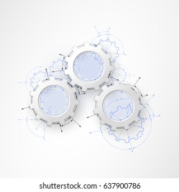 Gears in engagement. Engineering drawing abstract industrial background with a cogwheels.