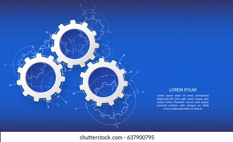 Gears in engagement. Engineering drawing abstract industrial background with a cogwheels.