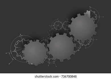Gears in engagement. Engineering drawing abstract industrial background with a cogwheels.