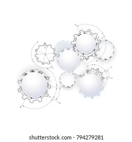 Gears in engagement. Engineering drawing abstract industrial background with a cogwheels.
