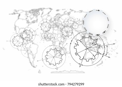 Gears in engagement. Engineering drawing abstract industrial background with a cogwheels.
