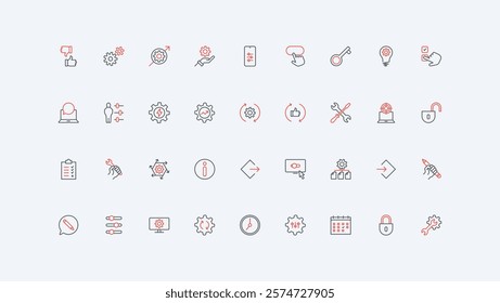 Gears of engine, workshop and maintenance service, data update process line icon set. Control config and system settings, technician fix tools thin black and red outline symbols vector illustration