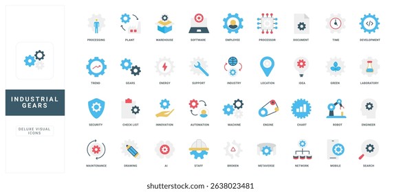 Gears for engineering and industrial process, factory mechanism, machinery and engine, robot color icon set. Development and support, automation idea of industry, warehouse flat vector illustration