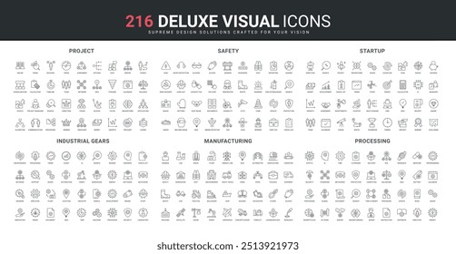 Gears and equipment, labor protection in construction and industry line icon set. Rocket launch of new project and startup, manufacturing automation thin black outline symbols vector illustration