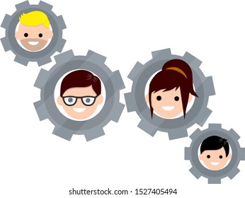 Gears with faces of men and women. Social life. Concept of successful love relationship. Romantic mechanism. Head guy and girls. Boyfriend and girlfriend. Cartoon flat illustration