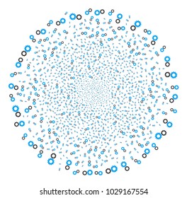 Gears fireworks spheric cluster. Object pattern combined from scattered gears symbols as burst circle. Vector illustration style is flat iconic symbols.